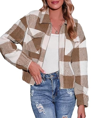 Lingjiazi Womens Cropped Flannel Plaid Shacket Zip Up Shirts Jackets with Pockets thumbnail 2