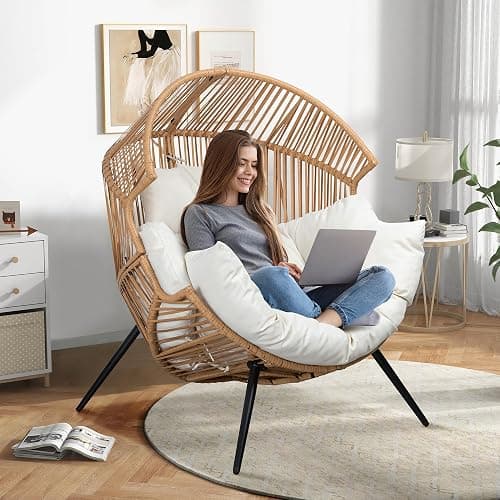 Shintenchi Wicker Egg Chair Outdoor Rattan Patio Chair with Cushion,Oversized Patio Lounge Chairs with Cushion Egg Basket Chair, Egg Seat for Indoor Living Room Bedroom Outside Patio Backyard Balcony thumbnail 6