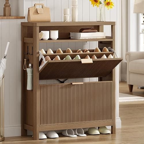 AOGLLATI Shoe Cabinet Storage,Narrow Fluted Shoe Rack Cabinet with 2 Flip Drawers, Wooden Freestanding Organizer with Open Storage Space for Entryway,Wood (Wood) - Wood - Image 1