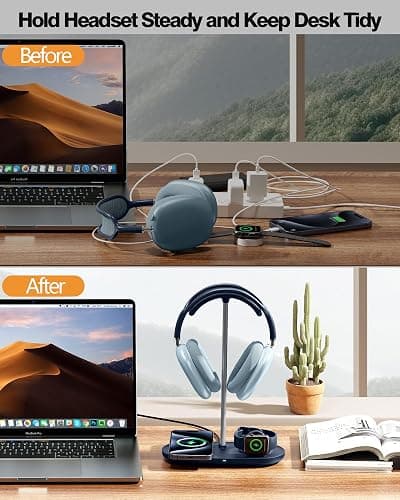 HiWe 3-in-1 Headphone Stand - Universal Desktop Gaming Headset Holder with Wireless Charger for Phones/AirPods/iWatch, Aluminum Alloy Rod, Leather Pad, ABS Solid Base, Blue thumbnail 5