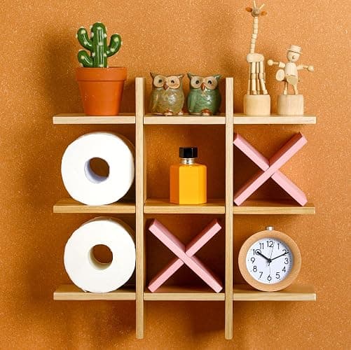 Weysat Tic Tac Toe Toilet Paper Holder Stand Bathroom Wall Decor Rustic Wooden Hanging Storage Freestanding Wall Mounted Shelves Decor for Toilet Tissue Farmhouse(Wood Color, Pink) thumbnail 4