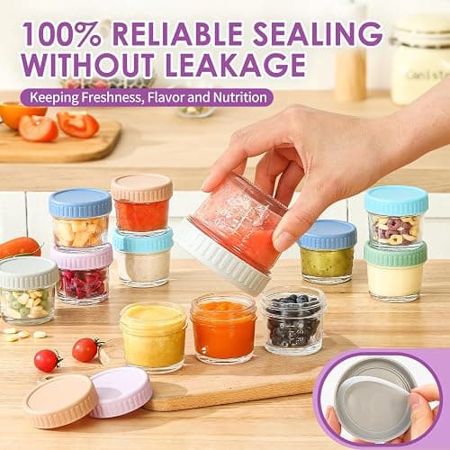 DRKIO 12 Pack Glass Baby Food Storage Containers - 4 Oz Baby Food Jars with Lids Baby Food Maker Microwave Dishwasher Freezer Safe 100% Leak Proof BPA Free Reusable thumbnail 5