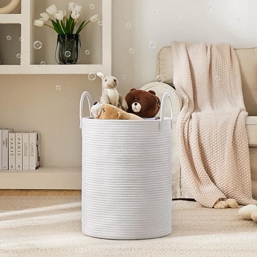 Woven Rope Laundry Hamper Basket by YOUDENOVA, 58L Tall Laundry Basket, Baby Nursery Hamper for Blanket Storage, Clothes Hamper for Laundry in Bedroom-Large-Pure White thumbnail 3