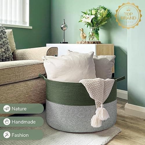 INDRSSME Large Laundry Storage Basket, 21.7 x13. 8 - Decorative Rope Blanket Basket for Organizing Bedroom, Living Room, Nursery, Toy Storage for Colthes Towel, Empty Gift Baskets -Green thumbnail 7