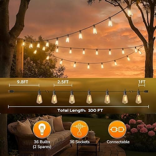 LaPitio 100FT Outdoor String Lights, Waterproof Patio Lights with Shatterproof ST38 Vintage Edison Bulbs, Connectable Outside Hanging Lights for Backyard, Porch, Deck, Balcony, Garden, 2700K Dimmable thumbnail 5