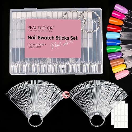 PEACECOLOR 100 Pcs Nail Swatch Sticks with Ring, 120 Blank Number & Box | Nail Color Swatches Display Kit, Protective Container Box, Clear Fan-Shaped Swatch for Nail Art Practice, Home and Salon - Image 1