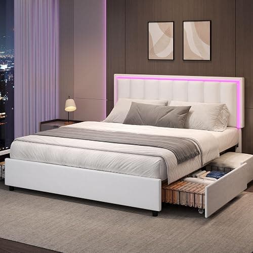 IMMERSTABLE Full Size Bed Frame with 4 Storage Drawers, Upholstered Bed Frame Full with LED Headboard, RGB LED Lights, Heavy Duty Wood Slat Support, No Box Spring Needed, Easy Assembly, White - Image 1