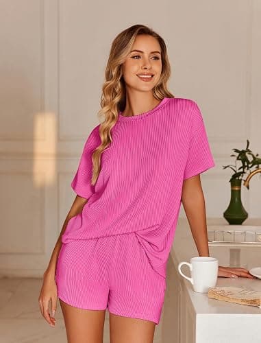 Ekouaer Womens Pajama Sets Short Sleeve Lounge Sets 2 Piece Pjs Tops and Shorts Outfits Matching Loungewear with Pockets thumbnail 3