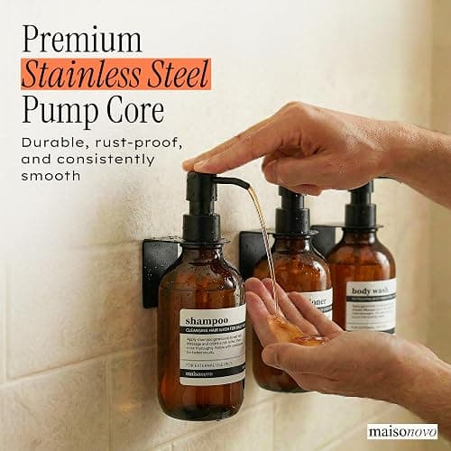 MaisoNovo Shampoo and Conditioner Dispenser|Refillable Amber Black Set of 3 | No-Drill Wall Mount Shower Dispenser · For Shampoo & Body Wash · Rustproof · Hotel & Spa · Wall Soap Dispenser for bathroom thumbnail 5