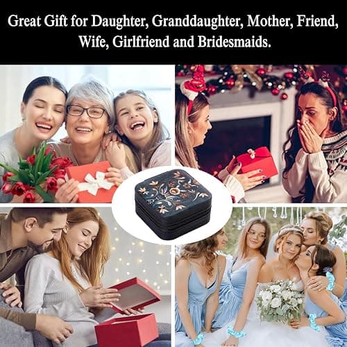 Artinhand Norwegian Rosemaling Folk Style Small Travel Jewelry Case with Mirror Portable Black PU Leather Box Earrings Necklaces Rings Bracelets Storage Organizer Gift for Women And Girls thumbnail 6