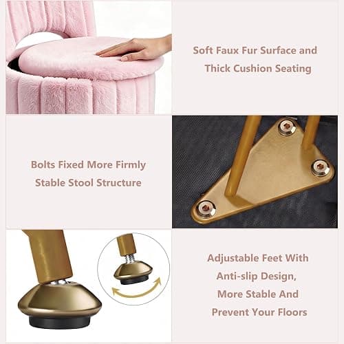 Garvee Vanity Stool Chair with Storage and Folding Back,Faux Fur,Pink,Small | Soft Ottoman,Modern Chairs for Makeup,Vanity Bench,Metal Legs,Adjustable Feet,for Living Room,Bedroom,Makeup Room thumbnail 8