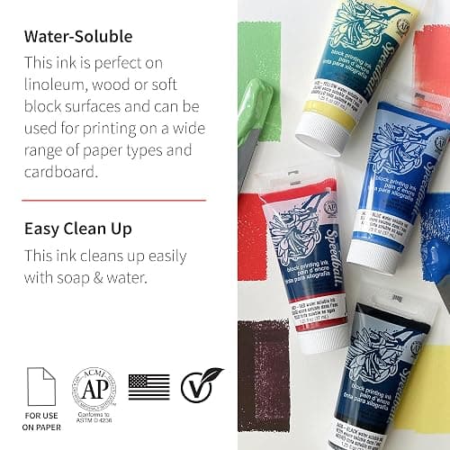 Speedball 3470 Water-Soluble Block Printing Ink Starter Set – 6 Bold Colors with Satiny Finish - 1.25 FL OZ Tubes, Multicolor thumbnail 2