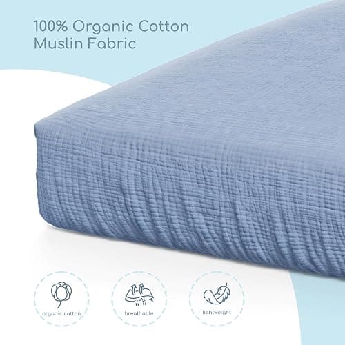 ROMY RO Muslin Crib Sheets, 100% Organic Cotton, Breathable and Ultra-Soft, Standard Crib Sheet Mattress (28"x 52") for Girls and Boys, Neutral Fitted Baby Crib Sheet (Blue) thumbnail 5