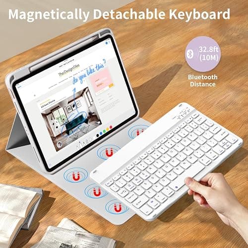 kenke for iPad 11/10th Gen Case with Keyboard 11/10.9 inch 2025 A16/2022, Detachable Wireless Bluetooth Keyboard Case with Bulit-in Pencil Holder, White Square Keycaps (Gray thumbnail 2