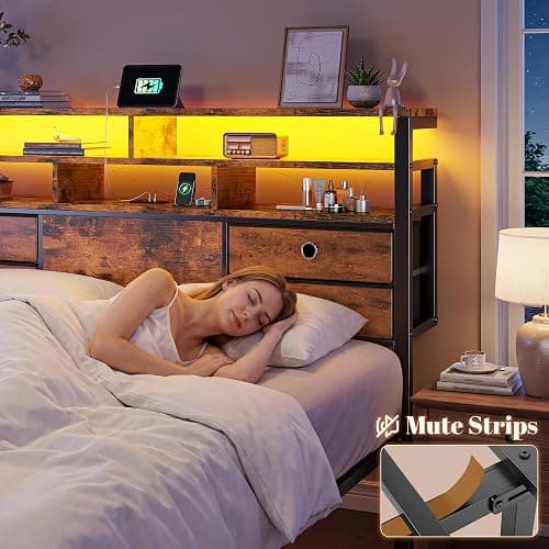 Homkdom Queen Bed Frame with 4 Drawers, Charge Station & LED Lights, Brown | Storage Headboard with 3-tier Shelves, Heavy-duty metal loads 880lbs, Noise-free, No box spring needed, Easy assembly thumbnail 7