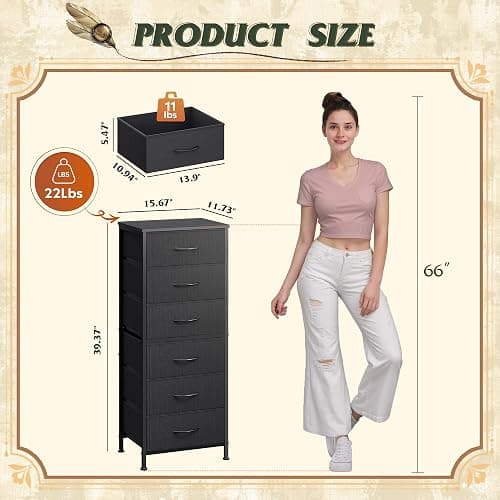 WLIVE Black Tall Dresser for Bedroom, 6 Drawer Dressers & Chests of Drawers, Fabric Dresser for Closet, Living Room, Night Stand with Metal Frame, Storage Tower with Fabric Bins, Wood Top thumbnail 3