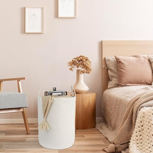XUANGUO Cotton Rope Laundry Basket Hamper for Clothes Woven Storage Basket for Living Room Bedroom Boho Tall Rope Baskets for Blanket Toys Pillow Towels Baby Nursery Hamper Bin Large white thumbnail 5
