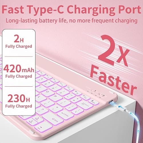 BQDIYOO Case for iPad 11th/10th Generation with Keyboard, 11-inch A16 & 10.9 inch 7 Colors Backlit Wireless Bluetooth Keyboard Case with Pencil Holder, Cover for iPad 11/10 Gen 2025/2022, Pink thumbnail 3