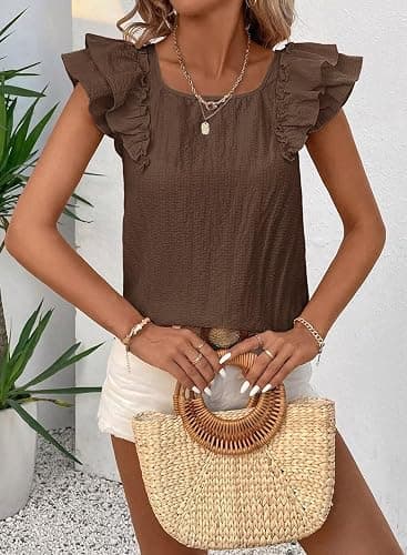 Falechay Womens Bow Tie Back Tops Round Neck Ruffle Short Sleeve Shirts Cute Babydoll Chiffon Tee Women Summer Trendy Tunic thumbnail 6
