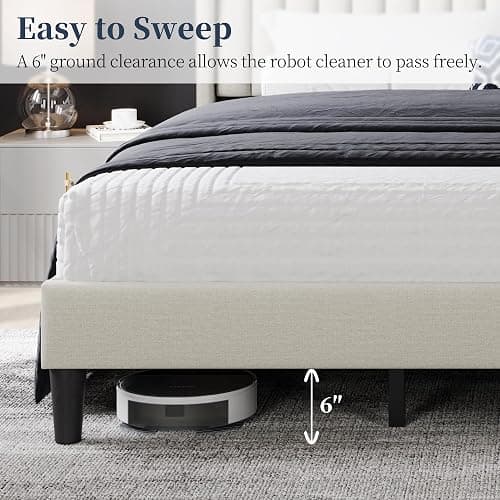 Yaheetech King Bed Frame Upholstered Platform Bed with Fabric Headboard, Wing Edge Design/Non-Slip and Noise-Free/Wooden Slats Support/No Box Spring Needed/Easy Assembly, Ivory King Bed thumbnail 6