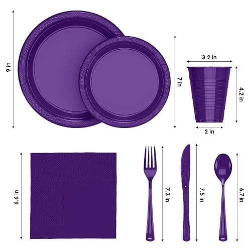 350 Pcs Purple Plastic Plates For Party, Purple Disposable Plates Set, 50 Of Each 9" Dinner Plate Set, 7" Dessert Plate, Cups, Napkins & Cutlery Plastic Dinnerware Set Exquisite thumbnail 3