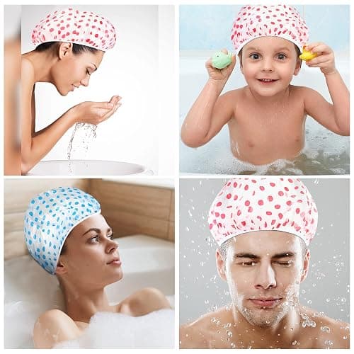 Nimxy Pack of 4 Shower Cap, Reusable Shower Caps For Women & Men - Waterproof with Elastic Band & Soft Lining (Dotted) thumbnail 5