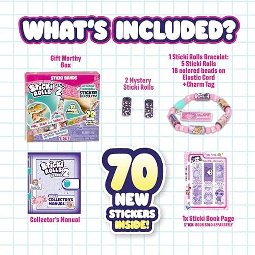 STICKI Rolls Sticki Bands - The Original Wearable Shareable Sticker Bracelet | Includes 70 Mini Stickers | 2 Mystery Reveal Sticki Rolls | Over 1000 Sticker Designs to Collect! (Series 2 - Pink) thumbnail 4