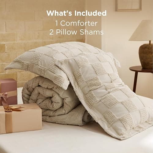 Bedsure Queen Size Comforter Set Beige, Boho Tufted Bed Set, Checkered Farmhouse Shabby Chic Bedding, 3 Pieces, 1 Plaid Geometric Comforter and 2 Pillow Shams thumbnail 8