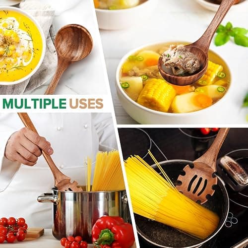 Wooden Spoons for Cooking,2 Pcs Wooden Utensil Set of Soup Ladle &Spaghetti Pasta Spoon with Teeth, Teak Wood Soup Ladle&Slotted Pasta Fork Strainer Spoon Set for Serving Collecting Noodle Gravy Sauce thumbnail 6