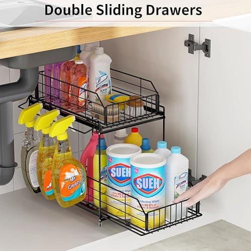 SUEH DESIGN Under Sink Organizer, 2 Tier Bathroom Cabinet Organizer Metal Kitchen Sink Organzier with Hanging Rail for Kitchen Bathroom Organization and Storage, 1 Pack thumbnail 5