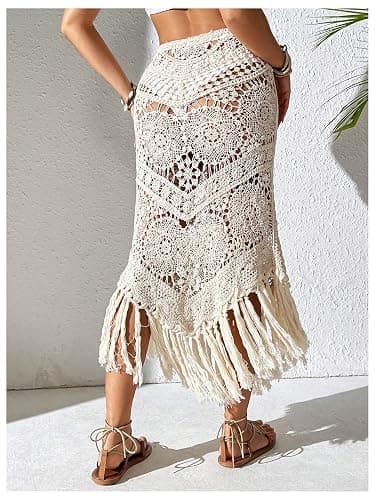 GORGLITTER Women's Crochet Beach Skirt Hollow Out Fringe High Waisted Bathing Suit Cover Up thumbnail 2