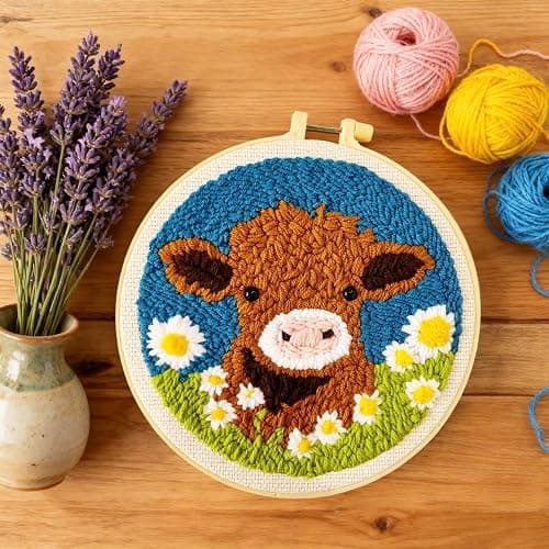 DIY Punch Needle Kits for Beginners Cute Cartoon Highland Cow with Daisy Flower with Hoop Embroidery Punch Needle Starter Craft Set Easy for Adults and Children Festival Gift and Decoration 20x20cm-1 thumbnail 3
