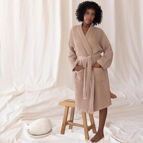 Viva Maison Womens Kimono Waffle Robe - Lightweight 100% Turkish Cotton Housecoat for All-Day Lounging - Bathrobe for Shower thumbnail 2