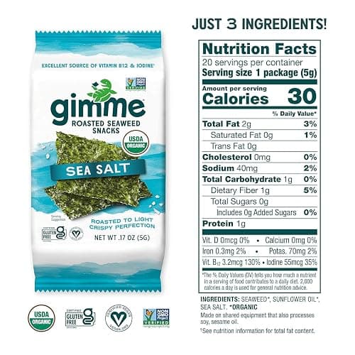 Gimme Seaweed Organic Premium Roasted Seaweed Snacks, Sea Salt, 20 Count, Keto, Vegan, Gluten-Free, Great Source of Omega3s and Iodine, Healthy On-The-Go Snack for Kids and Adults thumbnail 2