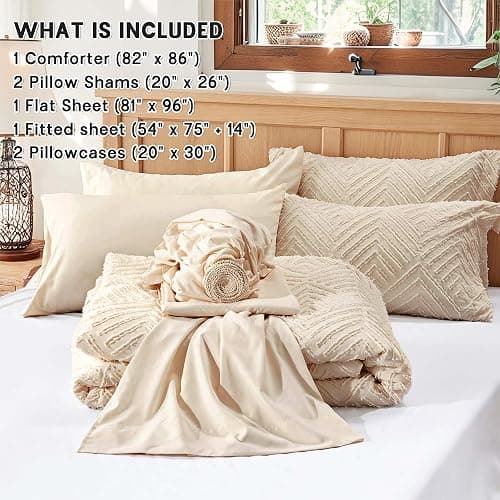 Zzlpp Full Comforter Set 7 Pieces, Beige Tufted Bed in a Bag with Comforter and Sheets, All Season Boho Bedding Sets with 1 Comforter, 2 Pillow Shams, 2 Pillowcases, 1 Flat Sheet, 1 Fitted Sheet thumbnail 5