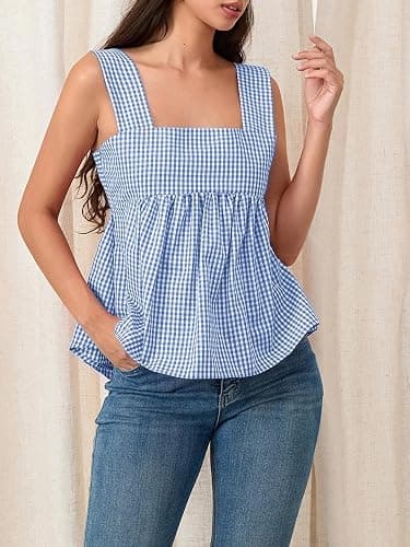 Amiblvowa Women Gingham Peplum Tank Square Neck Babydoll Tops Y2K Cute Bow Tie Back Sleeveless Vest Shirt Going Out Top thumbnail 3