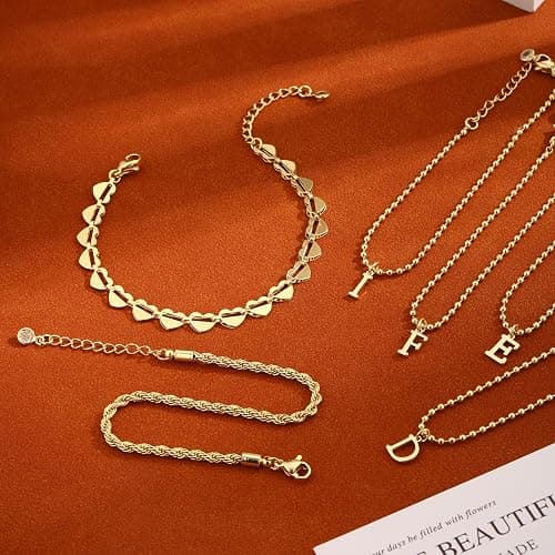 VIROMY Gold Bracelets for Women 14K Gold Plated Initial Layered Bracelet Minimalist Twisted Rope Heart Bead Link Dainty Name Jewellery Gifts for Her A-Z thumbnail 3