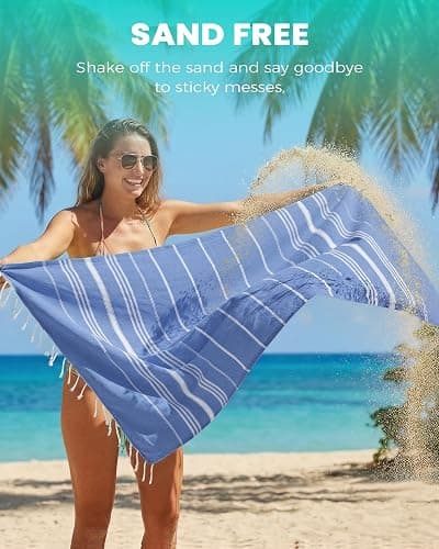 Turkish Beach Towels Vacation Essentials with Bag Quick Dry Sand Free Soft Absorbent Adult Bath Pool Swim Long Wide Stripe Towel Cloud Linen Sandfree Mat Summer Thing Lightweight Thin Travel Blue thumbnail 4