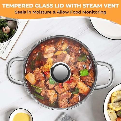 Tri-Ply Stainless Steel Stock Pot, 6.5 Quart Heavy Duty Induction Cooking Pot with Visible Lid for Pasta, Soup, Spaghetti, Sturdy & Double Handle, Dishwasher Safe thumbnail 6