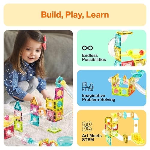 PicassoTiles 60 pc Magnet Tiles Building Block Travel Size Magnetic Marble Run Construction Toy Set Mini Diamond Marble RaceTrack Building Blocks Playset Education STEM Learning Kit Boy Girl 3+ PTMG60 thumbnail 4