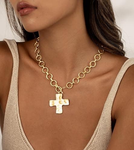 CHESKY 14K Gold Plated Chunky Cross Necklace for Women Toggle Clasp | Hammered Cross Pendant, Statement Gold Necklace, Chunky Gold Chain, Toggle Clasp Jewelry, Vintage Trendy Style thumbnail 2