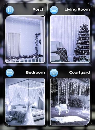 Brightown 300 LED Fairy Curtain Lights, 9.8ft x 9.8ft White Curtain String Lights, Winter Wonderland Decorations, USB Plug 8 Modes LED Christmas String Hanging Lights with Remote for Indoor Outdoor thumbnail 7