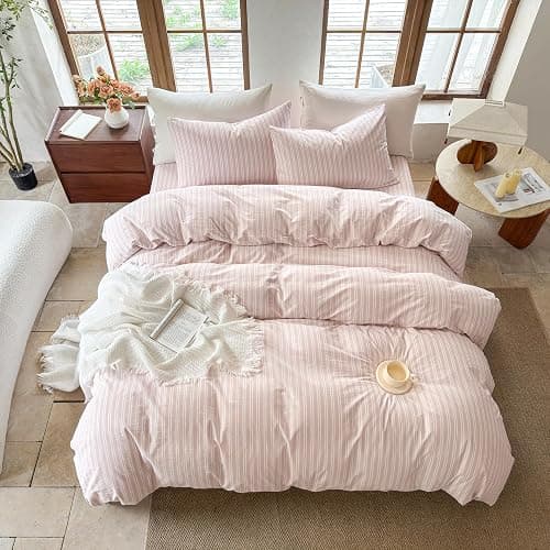 BESTDESIL Striped Duvet Cover Set,100% Washed Cotton Linen Like Comforter Cover,Breathable,Durable,Comfy(Strip-Greyish Pink/White,Queen Size) thumbnail 7