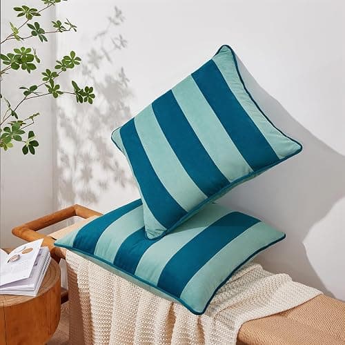 MONDAY MOOSE Decorative Throw Pillow Covers Cushion Cases, Set of 2 Soft Velvet Striped Piping Edge Designs, Pillow Inserts Not Included (16x16 inch, Blue/Light Blue) thumbnail 8