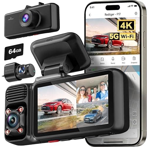 REDTIGER F17 4K 3 Channel Dash Cam, 5GHz WiFi Built-in GPS with 64GB Card, 2160P+1080P+1080P Front and Rear Inside, Triple Car Camera with 3 Inch Screen, IR Night Vision, G Sensor, WDR, Parking Mode - Image 1