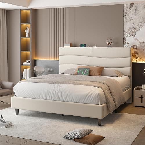 EnHomee Full Size Bed Frame with Fabric Headboard, Upholstered Full Bed Frame with 3 Charging Stations, Wooden Slats, Noise-Free, No Box Spring Needed, Beige thumbnail 8