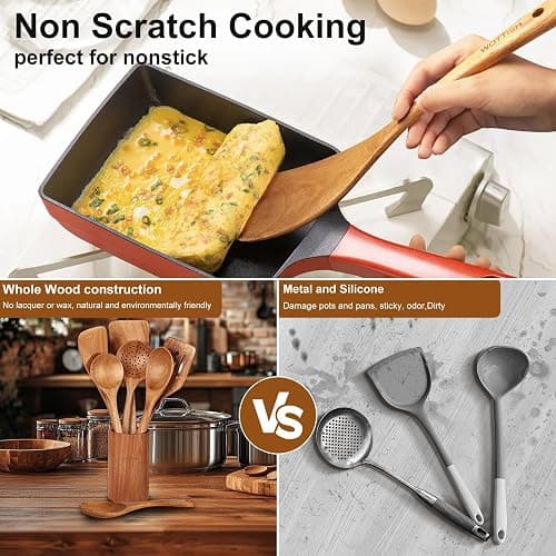 Wooden Spoons for Cooking - 8-Piece Wooden Kitchen Utensil Set made of Natural Solid Wood Material-Includes Spoons,Spatulas,Ladles,Mixing Spoon and Utensil Holder,Valentine's Day Gifts thumbnail 5
