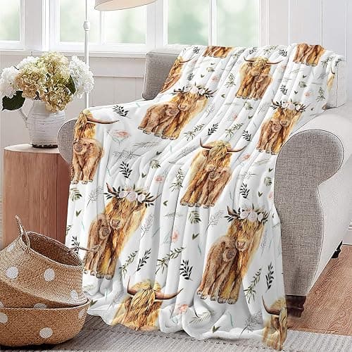 Highland Cow Print Blanket 50x60inch Farm Animal Cow Gifts Throw Blankets Soft Cozy Fleece Plush Warm Flannel Bedding Blanket for Girls Kids Adults Couch Travel - Highland Cow - 50x60in thumbnail 6