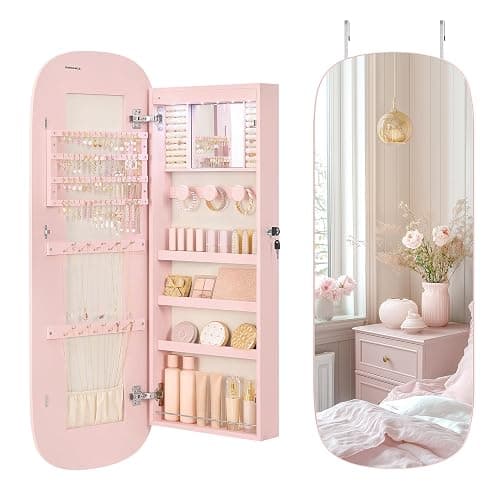 SONGMICS Jewelry Organizer, LED Jewelry Cabinet Wall/Door Mounted, Lockable Rounded Wide Mirror with Storage, Interior Mirror, 3.9 x 16.5 x 42.5 Inches, Jelly Pink Surface with Cream White Lining - Jelly Pink + Cream White - Image 1