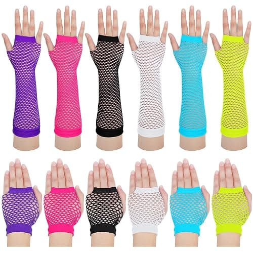 SATINIOR 12 Pairs 80s 90s Fishnet Mesh Glove for Women Neon Fingerless Long Short Gloves for Halloween Party Cosplay Costume - Image 1